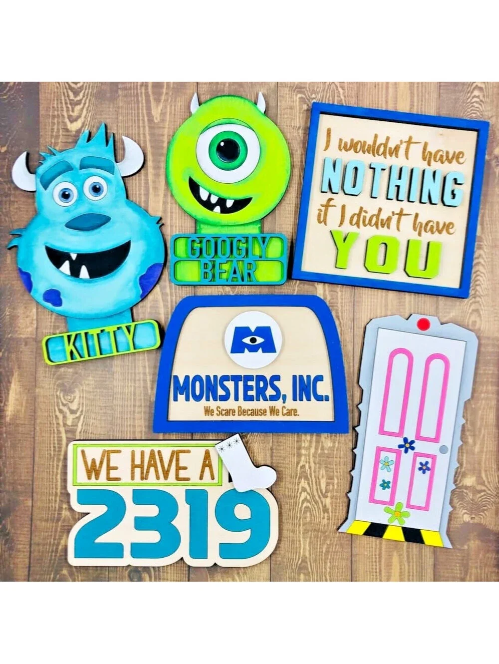 lot of 6 Pcs Monsters Inc Tiered Tray Decor Set Wooden Signs - hand painted OOAK